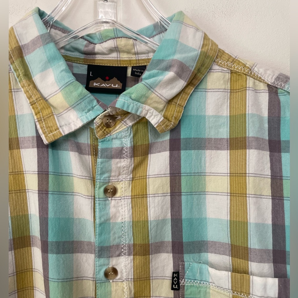 Kavu Men's Short Sleeve Plaid Cotton Button Down Shirt Blue Gold White Sz L - Picture 8 of 8